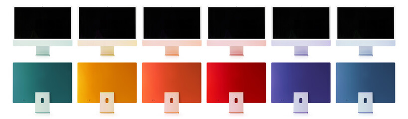 Mockup of modern desktop computers in different colors - obrazy, fototapety, plakaty