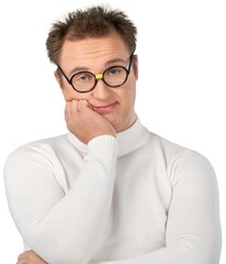 Waiting young Nerd man in round glasses