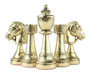 Fototapeta na wymiar Set of golden chess pieces on white background