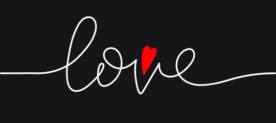The word love written in one line. With a small heart-shaped accent graphic element. For the design of banners and cards for Valentine's Day, Mother's Day and all the holidays of love and family. 