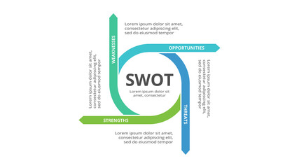 SWOT diagram with 4 steps, options, parts or processes. Threats, weaknesses, strengths, opportunities of the company.