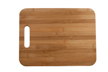Wooden brown cutting board on a white background. Top view. Isolate