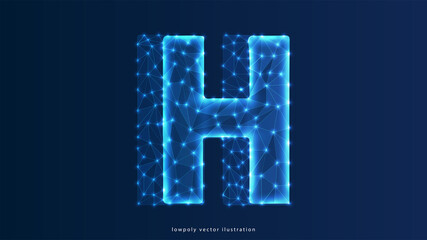 Letter H low poly design, alphabet abstract geometric image, font wireframe mesh polygonal vector illustration made from points and lines on dark blue background 