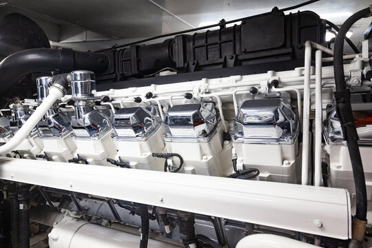 Marine Engine Installed Inside A Luxury Yacht.