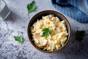 Squid egg mayonnaise salad in a bowl