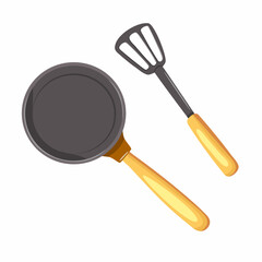 Frying pan and spatula with wooden handles. Kitchen utensils. Vector illustration. Dishes for cooking.