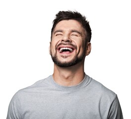 Fototapeta premium Gray t-shirt on a young happy man isolated