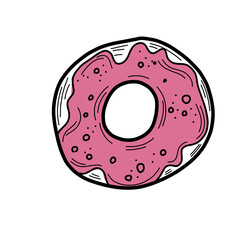 Donut in doodle style. Donut black and white line icon.