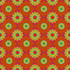 The pattern is bright, colorful in ethnic, tribal style, seamless