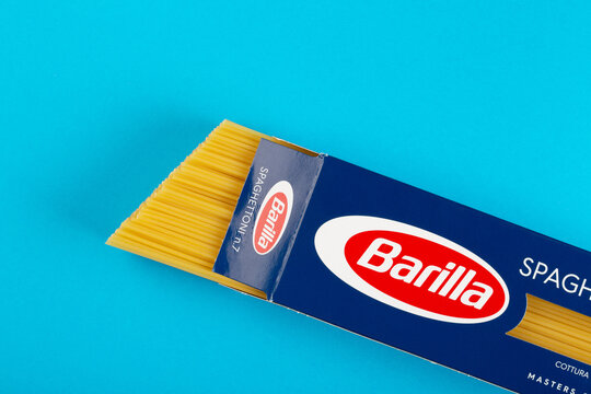 Ternopil, Ukraine - January 17, 2022: Barilla spaghetti packaging closeup on blue background	