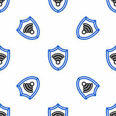 Line Shield with WiFi wireless internet network symbol icon isolated seamless pattern on white background. Protection safety concept. Colorful outline concept. Vector