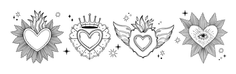 Hand drawn vector illustrations. Set of decorative hearts. Perfect for valentine's day, Wedding, embroidery, cards - 481017689