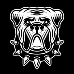 Bulldog head in spiked collar. Vector illustration in vintage style on dark background