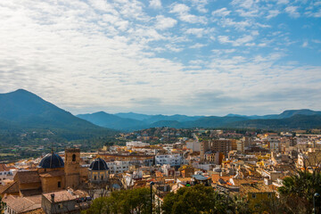 Overview of the historic medieval town of Onda in the province of Castellon, Spain. Mountainous backdrop.