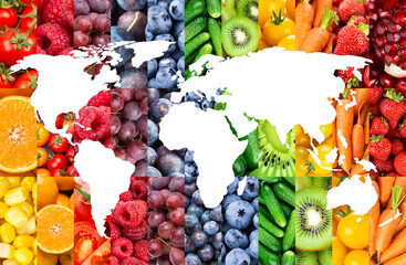 World map of fruits and vegetables on white background