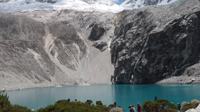 Lagone 69 in the Andes of Peru with beautiful water and lots of ice