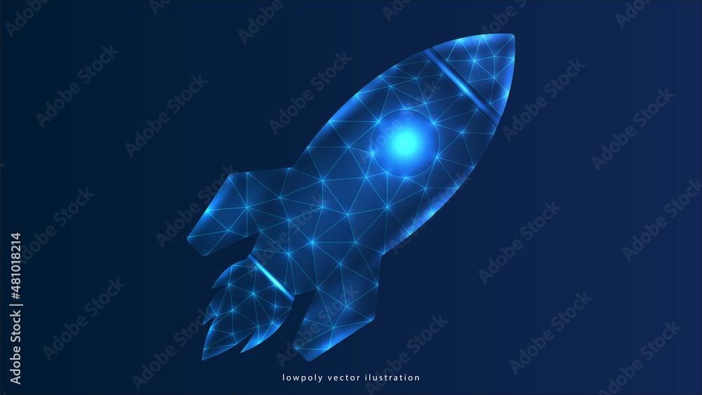 Poster wireframe polygonal rocket. internet technology network, business startup concept with glowing low p