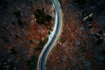 Winding road through forest, landscape with curvy highway among countryside, aerial view