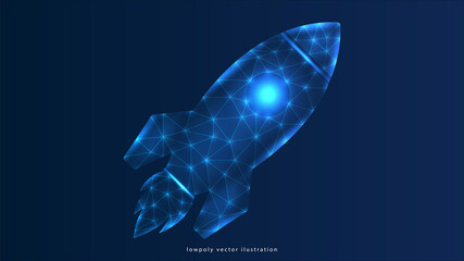 Wireframe polygonal rocket. Internet technology network, business startup concept with glowing low poly rocket. Futuristic modern abstract. Isolated on dark blue background. Vector illustration.