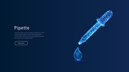 Medical pipette with liquid and falling droplet made of lines, dots, triangles, stars on dark blue background. Scientific pharmaceutical research concept - obrazy, fototapety, plakaty