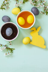 Natural dye for easter eggs - carcade and turmeric. Homemade colored easter eggs on a light green background. Top view flat lay. Copy space.