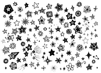 set the asterisk icon. hand-drawn in doodle style collection of various stars and highlights with different textures, isolated black outline on white for a design template