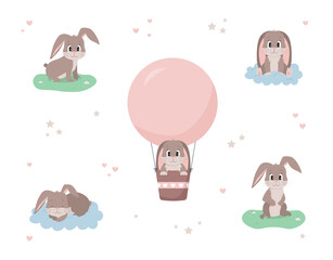 Cute cartoon bunny vector set, little rabbit collection. Concept illustrations on white background pastel colored.