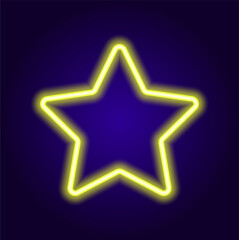 neon yellow star icon. Stars with five rounded rays, glowing yellow in the dark on a dark background for a design template