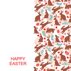 Easter greeting card vertical design with bunnies, palm and eggs