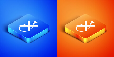 Isometric No meat icon isolated on blue and orange background. No fast food allowed - vegetarian food. Square button. Vector