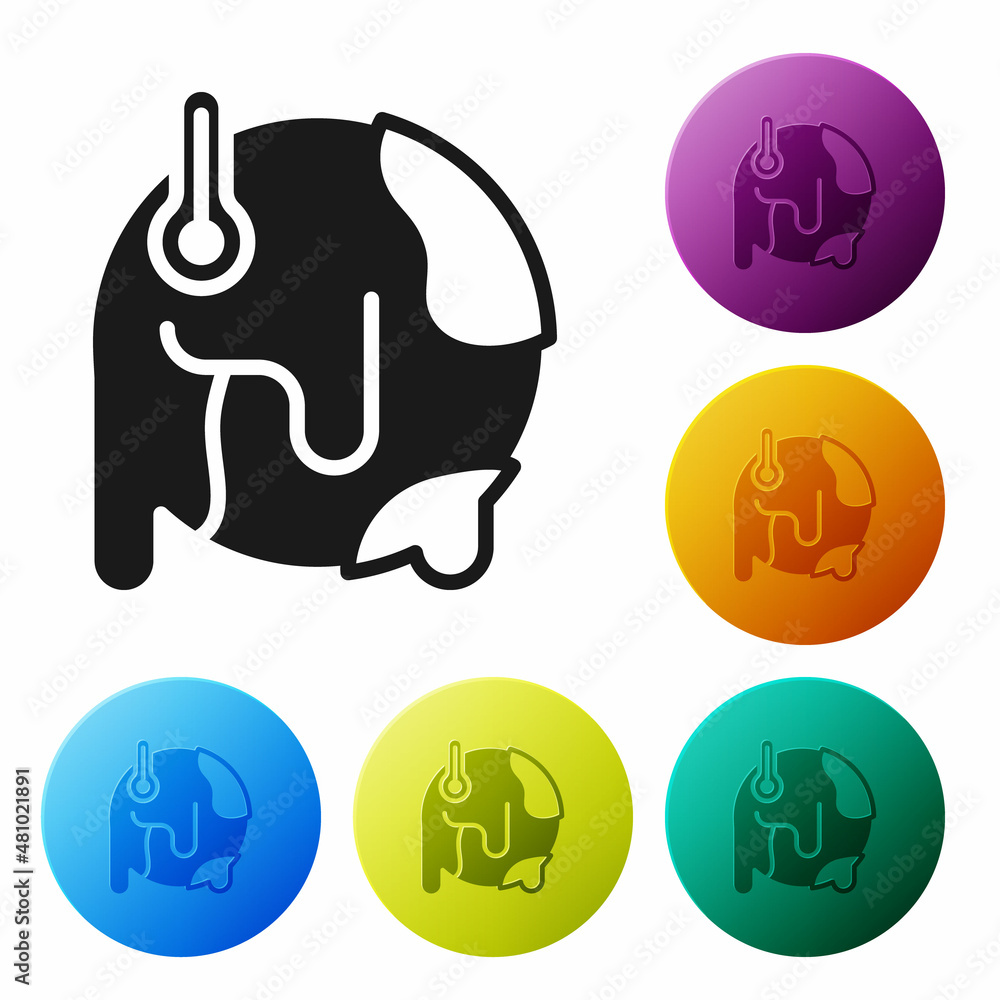 Poster black planet earth melting to global warming icon isolated on white background. ecological problems 