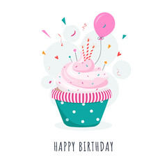 Cupcake with candles and a balloon. Birthday invitation.