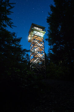 Gorgeous night photo of Heybrook fire lookout tower lit up