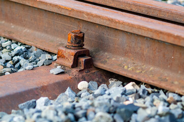 Detail of a rusty railroad track with screw
