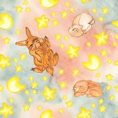 Watercolor pattern of cute sleeping rabbits and stars.
