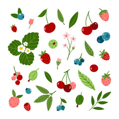Juicy summer garden berries in vector set. Bright cartoon illustration