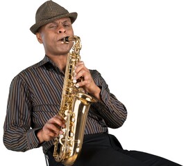 Saxophonist. Man playing on the gold saxophone