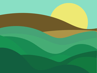 Obraz premium Green hills landscape in minimalist style. Boho decor for prints, posters and interior design. Mid Century modern decor. Green fields. Vector illustration