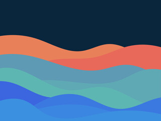 Night desert landscape with dunes in a minimalist style. Colorful wavy landscape in flat style. Boho decor for prints, posters and interior design. Mid Century modern decor. Vector illustration