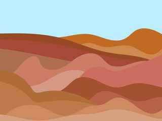 Mountain landscape view, minimalistic flat style. Wavy landscape with boho style. Design for posters, banners, book covers and interior design. Modern mid-century decor. Vector illustration