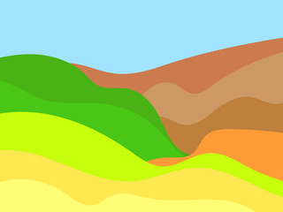 Obraz premium Green hills with brown mountains in a minimalist style. Boho decor for prints, posters and interior design. Modern mid-century decor. Green fields. Vector illustration