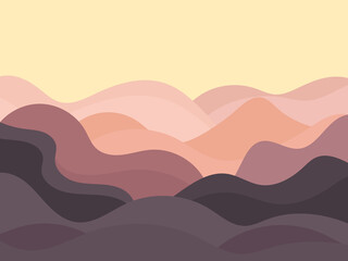 Mountain landscape view, minimalistic flat style. Wavy landscape with boho style. Design for posters, banners, book covers and interior design. Modern mid-century decor. Vector illustration