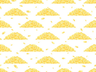 Mountain of gold coins on white background seamless pattern. Flying gold coins, a lot of money. Background for wrapping paper, advertising materials and fabric. Vector illustration