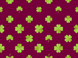 Seamless pattern with clover for Saint Patrick's Day. Green four-leaf clovers on a red background. Festive background for advertising products, wrapping paper and greeting card. Vector illustration