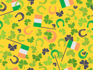 Seamless pattern with clovers, horseshoes and Irish flags. Festive background for St. Patrick's Day for advertising products, postcards and printing. Vector illustration