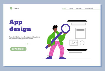 Obraz na płótnie Canvas App design process, user interface designer with magnifying glass - landing page template flat vector illustration.