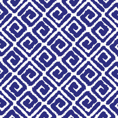 Blue linear spiral ink squares and rhombuses isolated on white background. Cute monochrome geometric seamless pattern. Vector simple flat graphic hand drawn illustration. Texture.