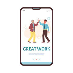 Colleagues clap hands and congratulate each other with great work - onboarding screen flat vector illustration.