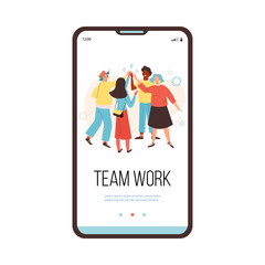 Team of office workers greeting with high five - onboarding screen template, flat vector illustration.