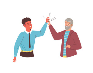 Two men greet each other in the office at work, flat vector illustration isolated on white background.